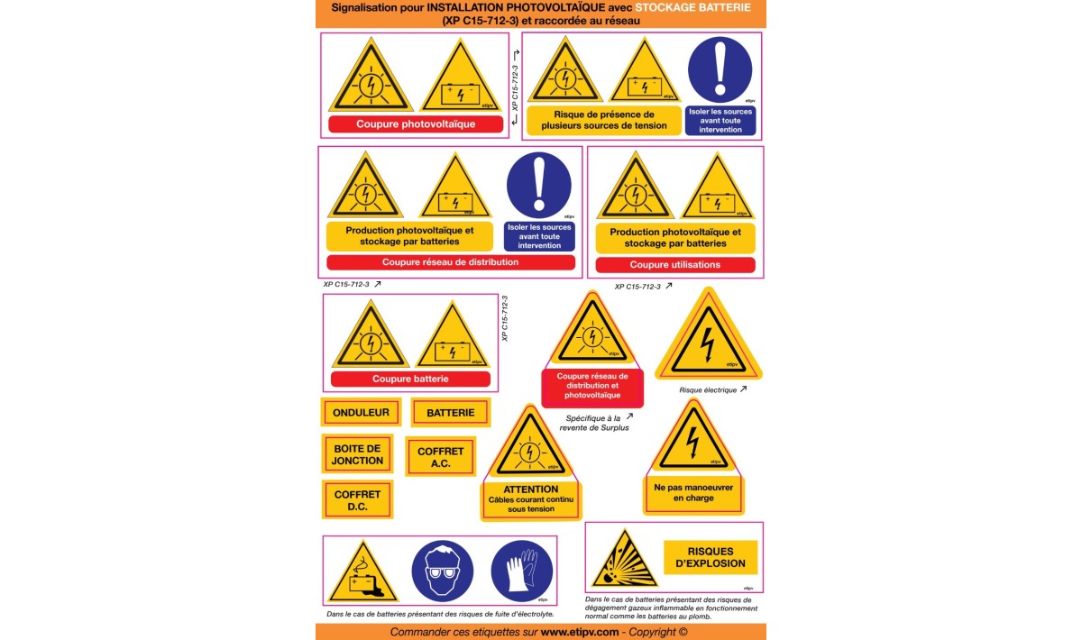 AUTOCONSOMMATION et BATTERIE : planche XP C15-712-3 - Etiquettes de signalisation